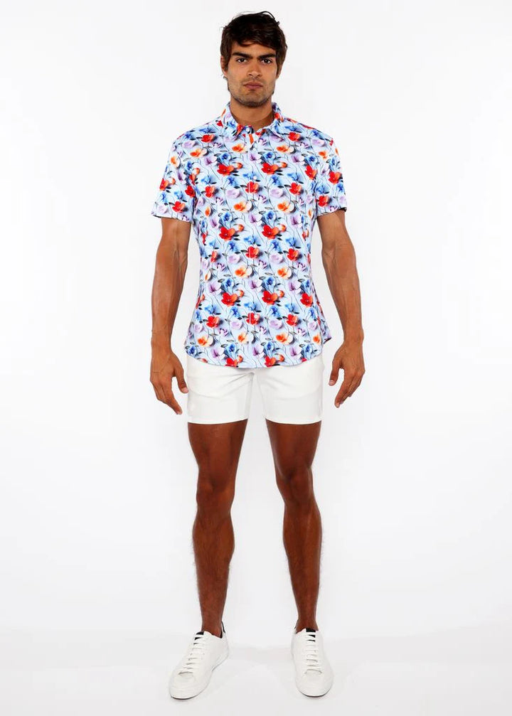 Sky/Multi Floral 3D Print Cotton Jersey Knit Short Sleeve Shirt W/Contrast Stripe Placket St-9327