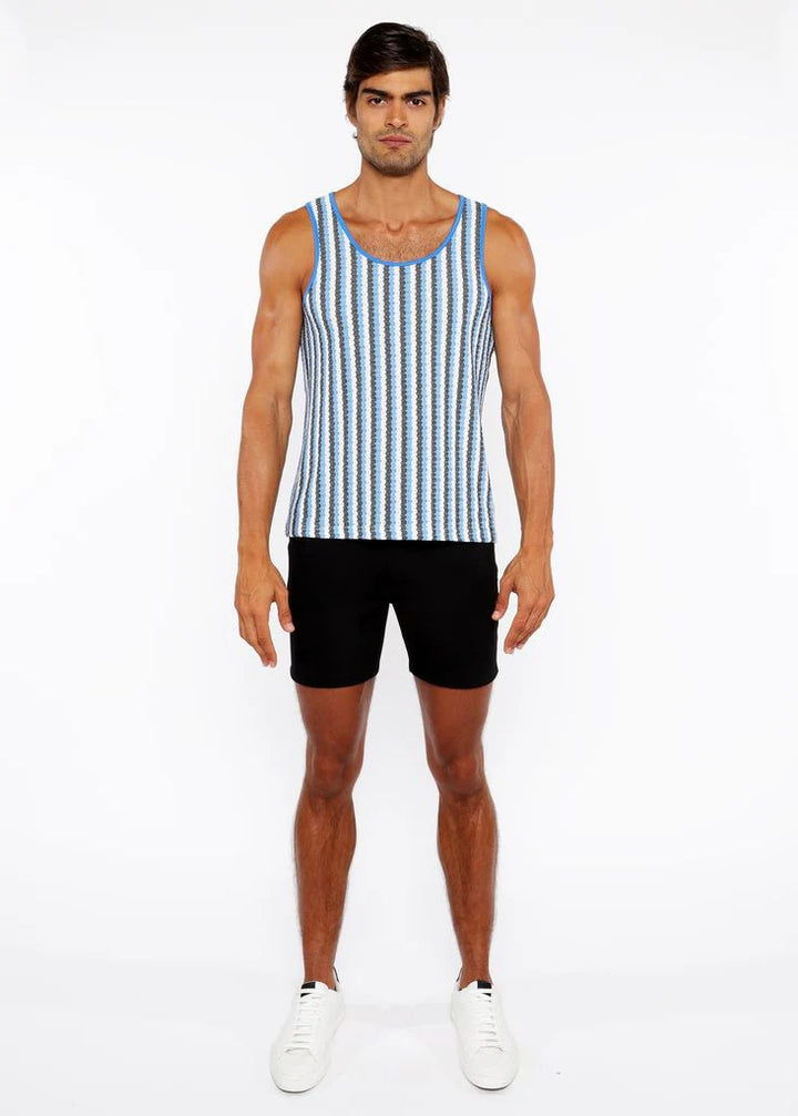 Aqua/Midnight Stripes Stretch Open Knit Tank Top St-24217