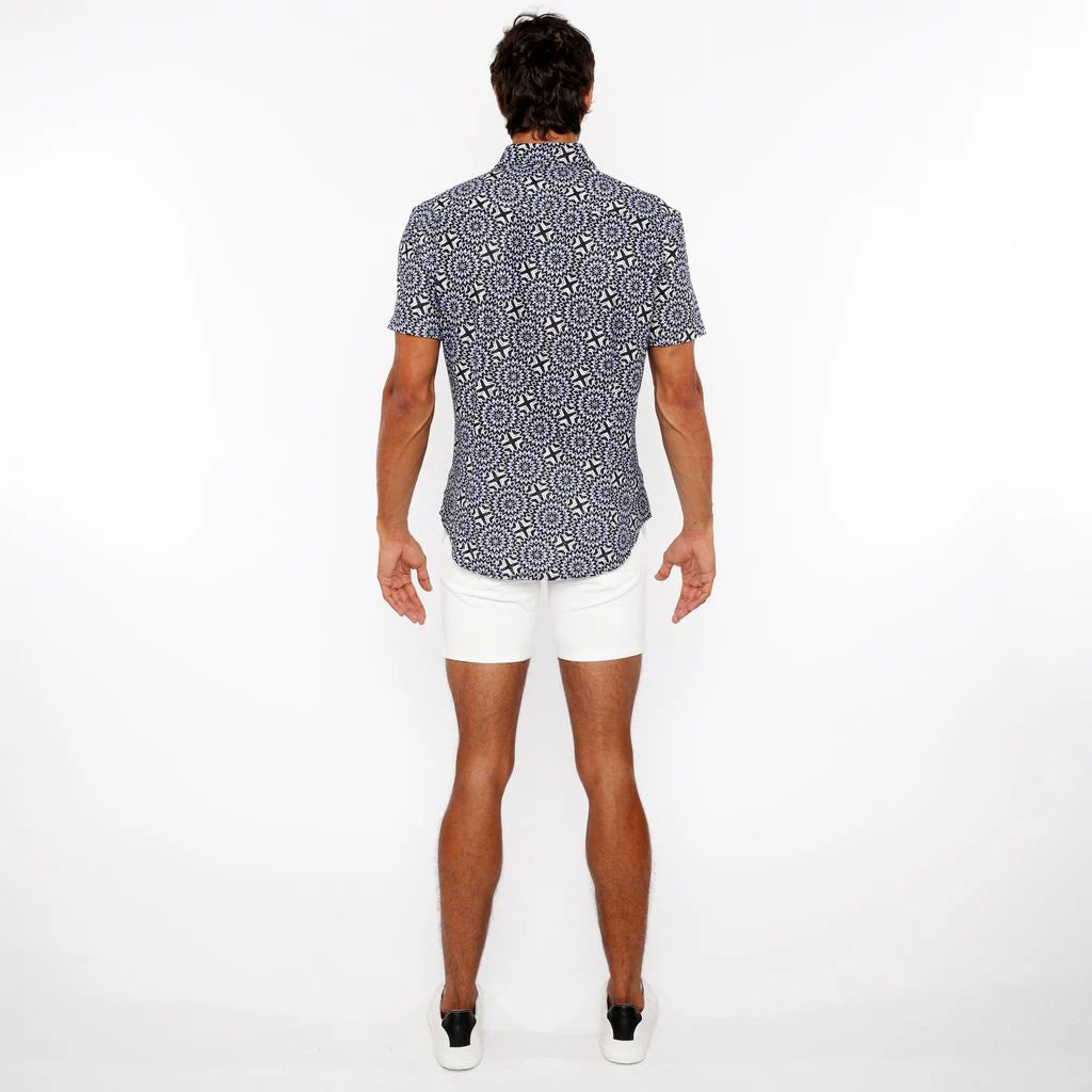 Midnight/Periwinkle Bursts Printed Open Knit Stretch Short Sleeve Shirt St-48072
