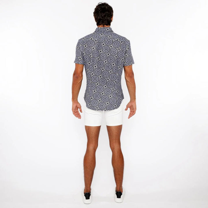 Midnight/Periwinkle Bursts Printed Open Knit Stretch Short Sleeve Shirt St-48072
