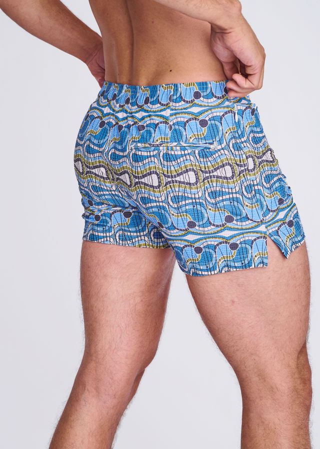 Cobalt/Olive Swirls Printed Seersucker Swim Shorts W/Mesh Lining PM-6018-51