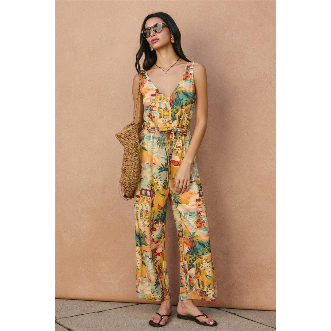 Wicker Button Down Sash Belt Jumpsuit