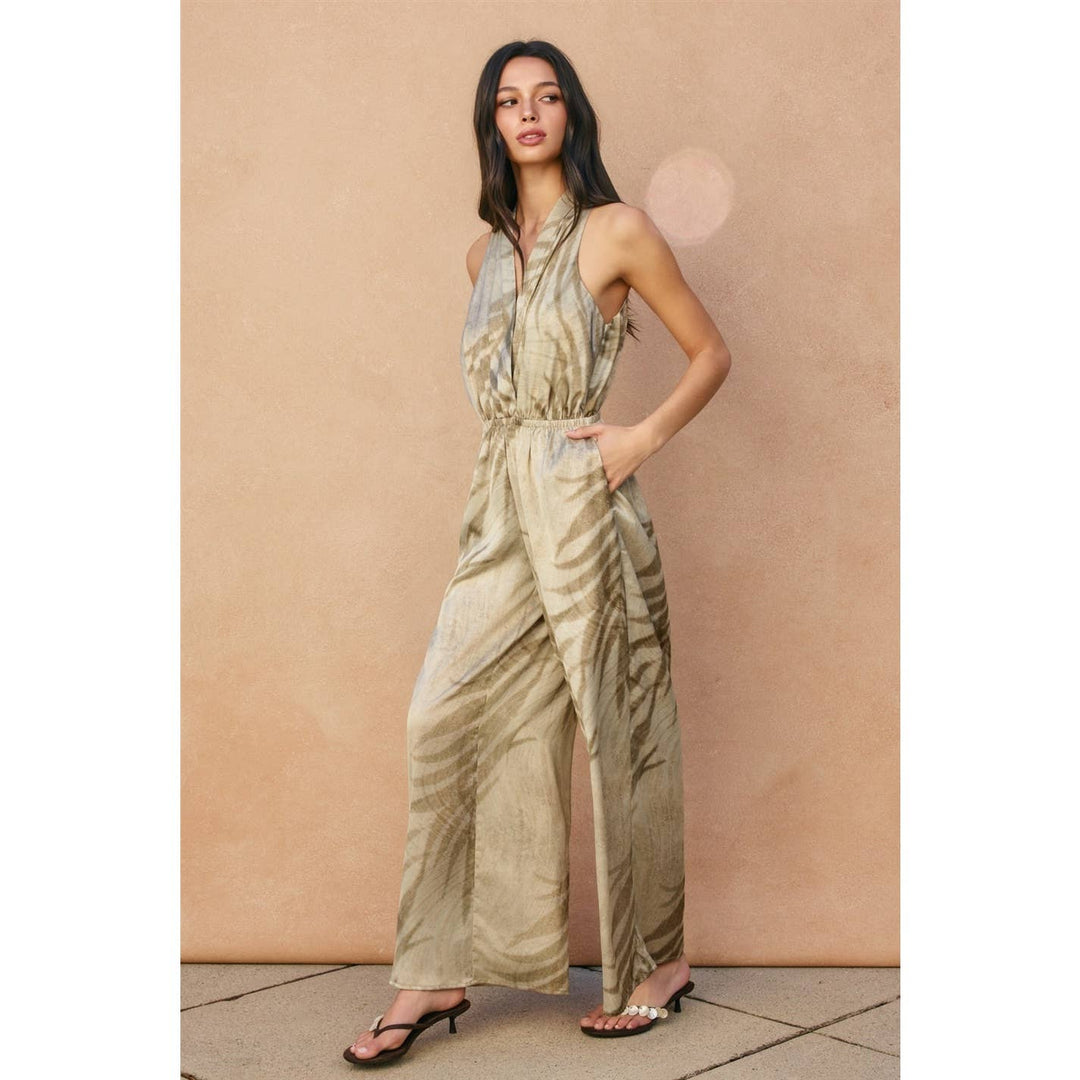 Tropical Leaf Halter Neck Jumpsuit
