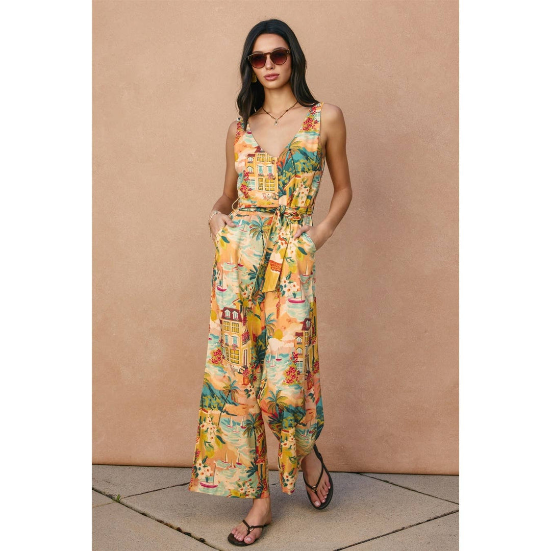 Wicker Button Down Sash Belt Jumpsuit