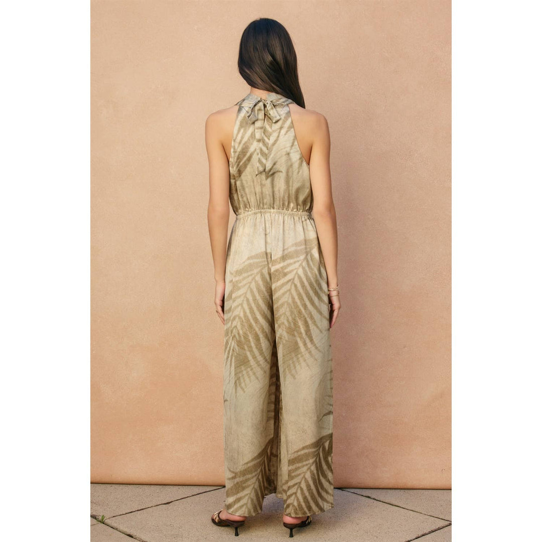 Tropical Leaf Halter Neck Jumpsuit