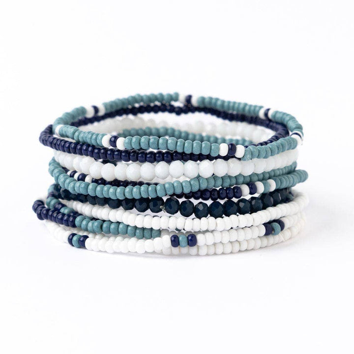 Game Day Color Block Beaded 10 Strand Stretch Bracelets Navy and Light Blue