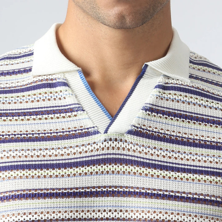 Argento Knit Polo Marine Stripe