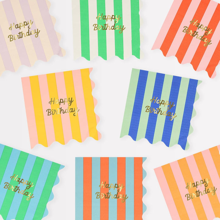 Stripe Happy Birthday Small Napkins (X 16)