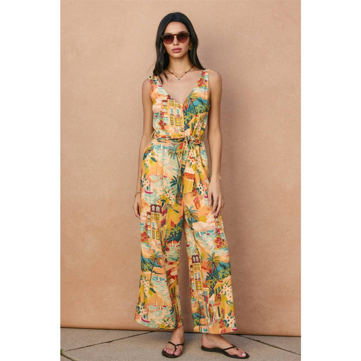 Wicker Button Down Sash Belt Jumpsuit