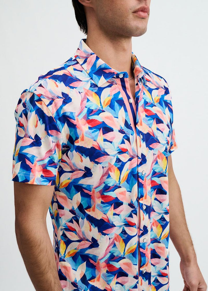 Navy/Blush Leaves Printed Cotton Knit Jersey Short Sleeve Shirt W/Placket Detail St-9357
