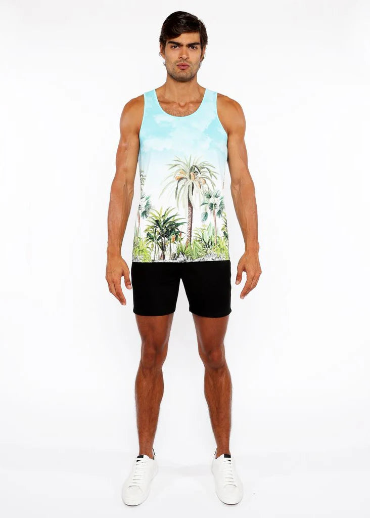 Teal/Green Palm Trees Printed Stretch Mesh Tank Top St-11136