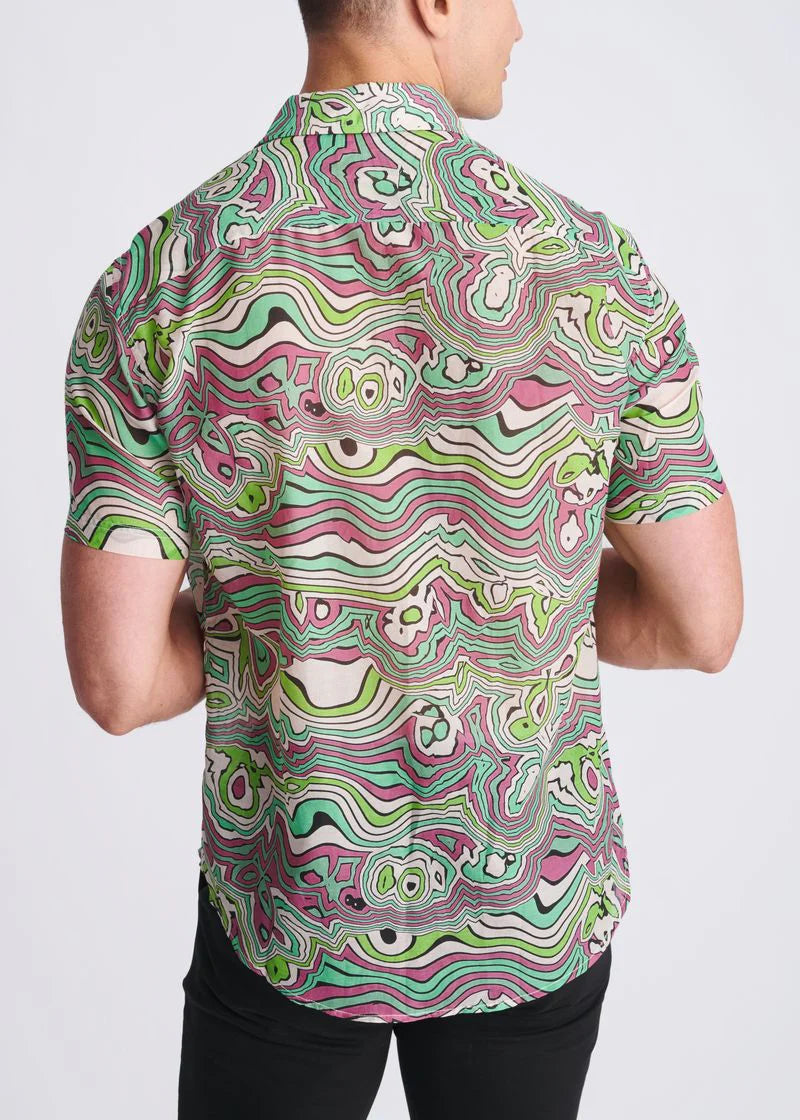 Bud/Blush Swirls Printed Lightweight Cotton/Silk Short Sleeve Shirt PM-46044