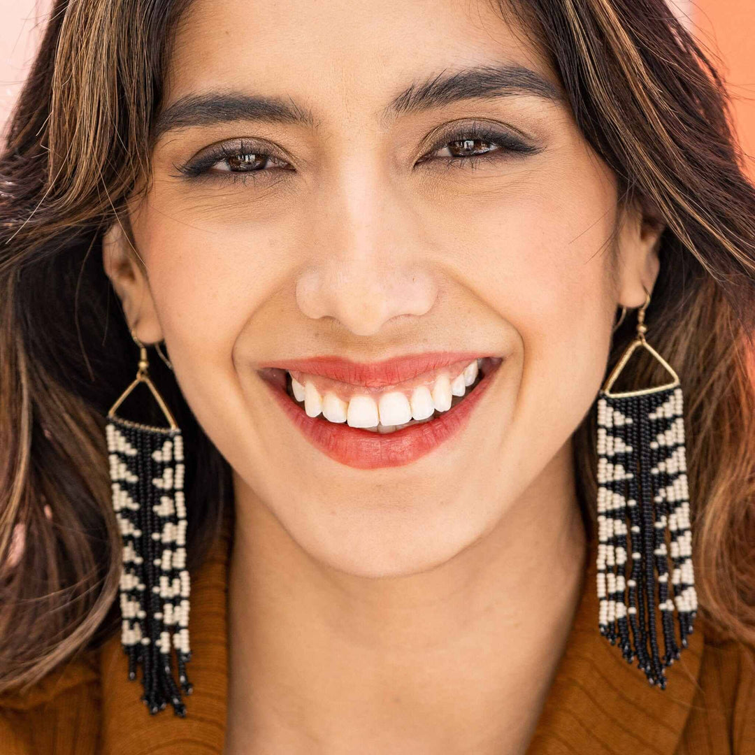 Emilie Arrow Beaded Fringe Earrings Black