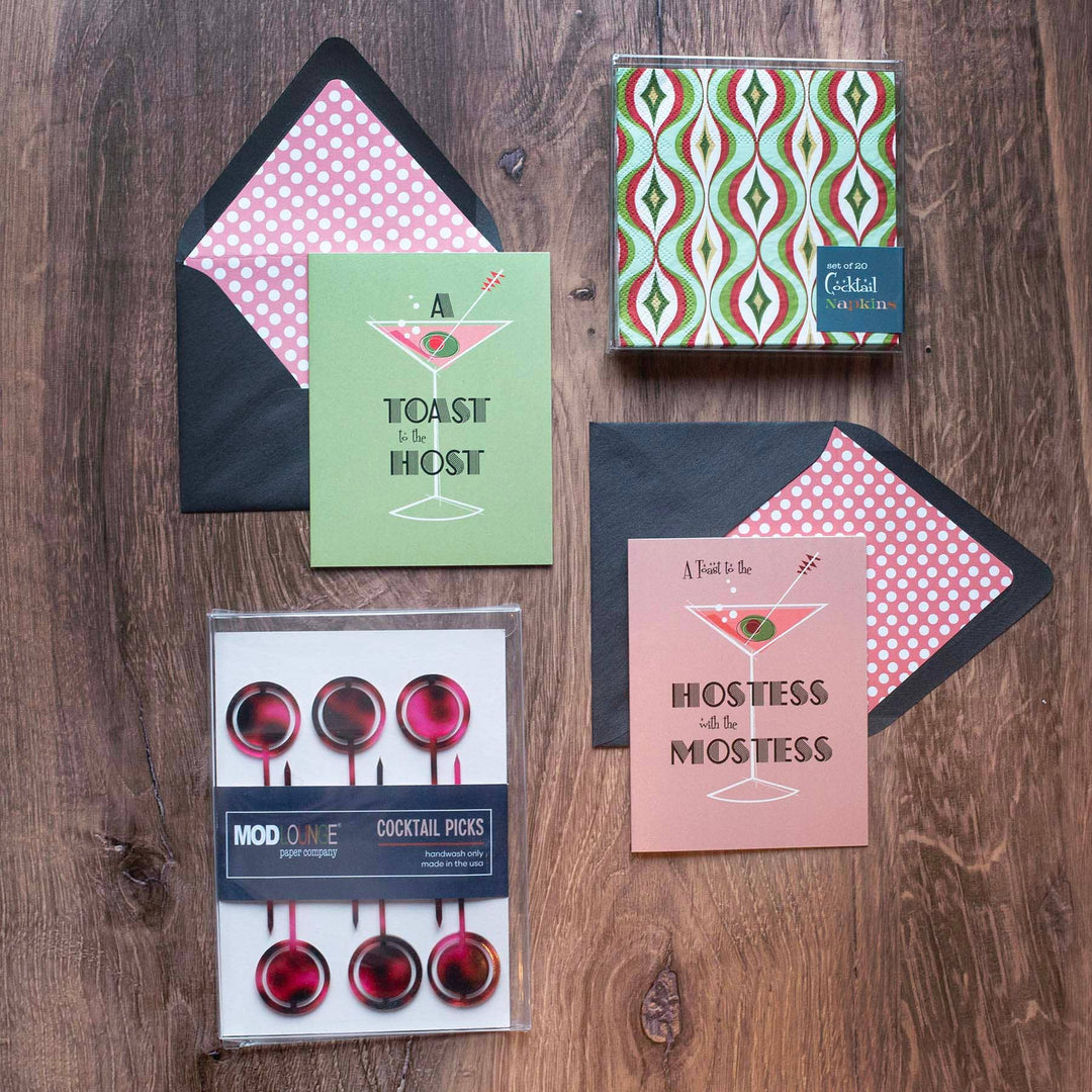A Toast to the Host Mid Century Modern Martini & Olive Card
