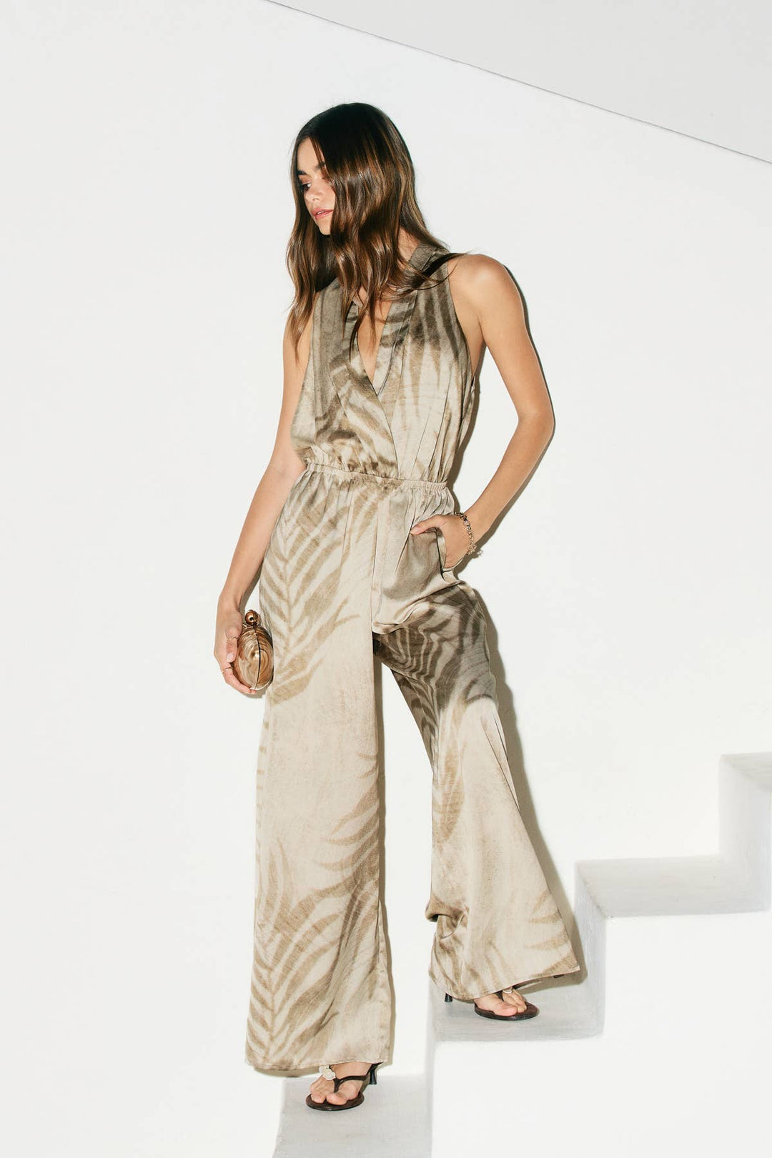 Tropical Leaf Halter Neck Jumpsuit