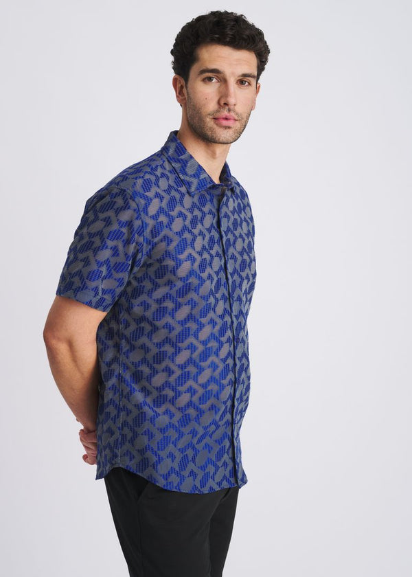 Lightweight Rhombus Jacquard Woven Short Sleeve Shirt Navy
