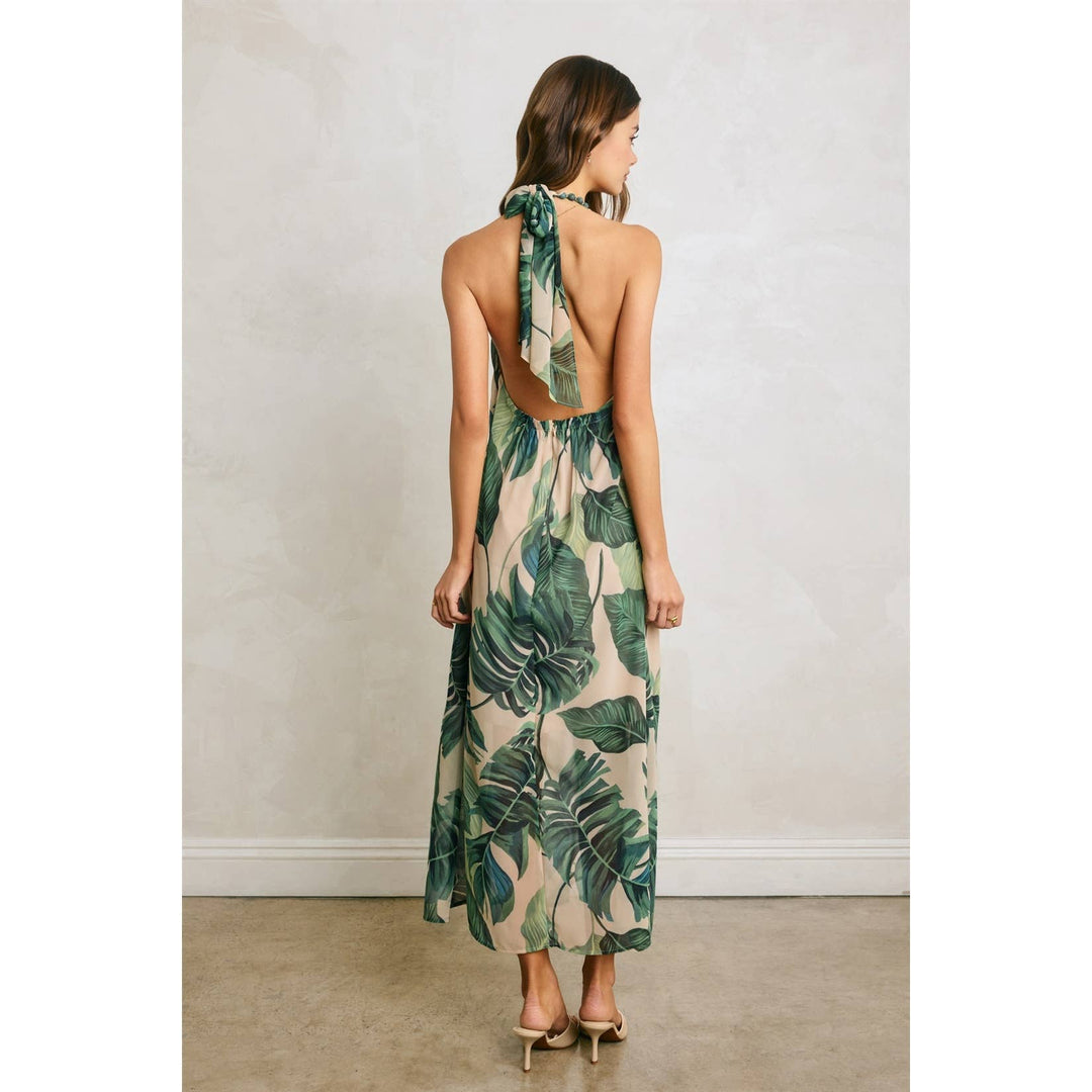 Hidden Oasis Beaded Halter Fluid Dress