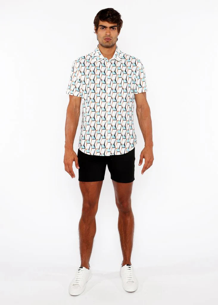 Stalk/Ochre 3D Boxes Printed Open Knit Stretch Short Sleeve Shirt St-48073