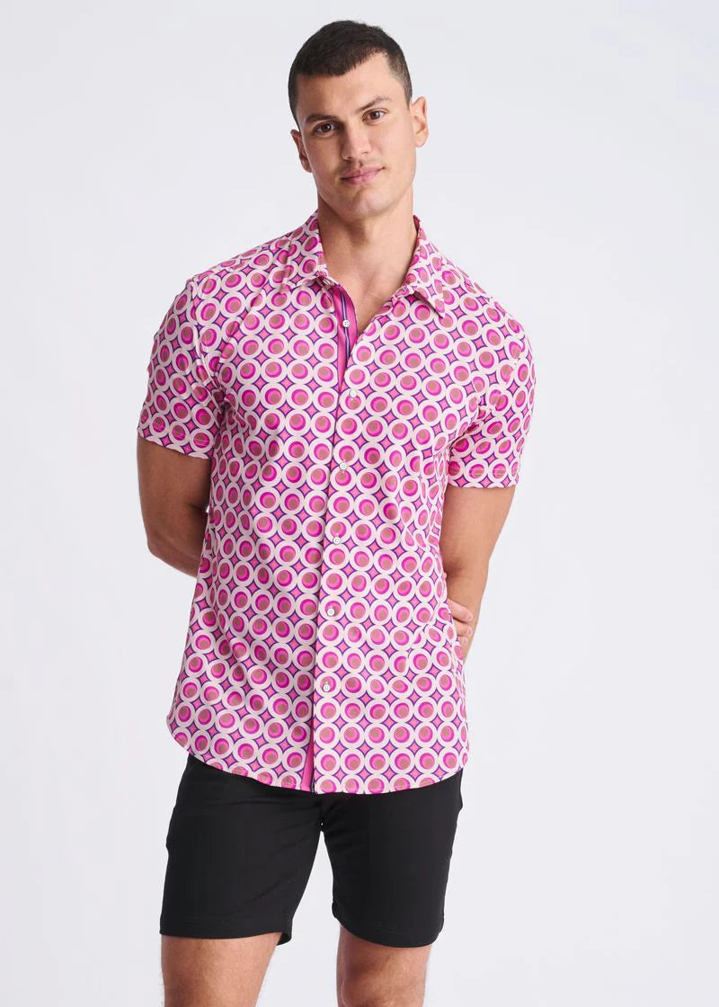 Pink/Blush Circles Printed Performance Short Sleeve Shirt W/ Contrast Placket PM-76109