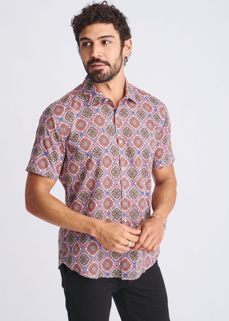 Blush/Coral Medallions Printed Lightweight Cotton/Tencel Short Sleeve Shirt PM-47053