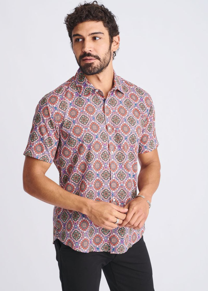 Blush/Coral Medallions Printed Lightweight Cotton/Tencel Short Sleeve Shirt PM-47053