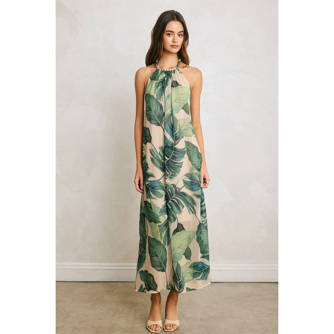 Hidden Oasis Beaded Halter Fluid Dress