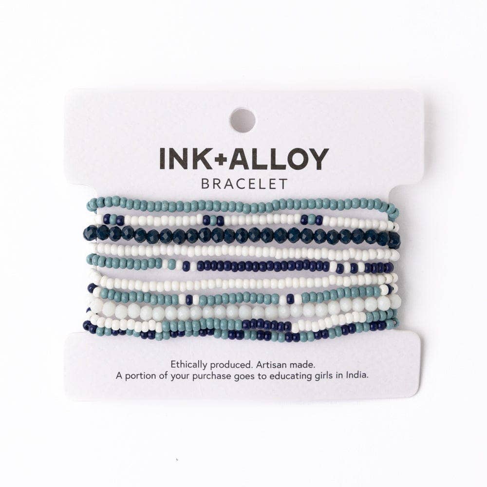 Game Day Color Block Beaded 10 Strand Stretch Bracelets Navy and Light Blue
