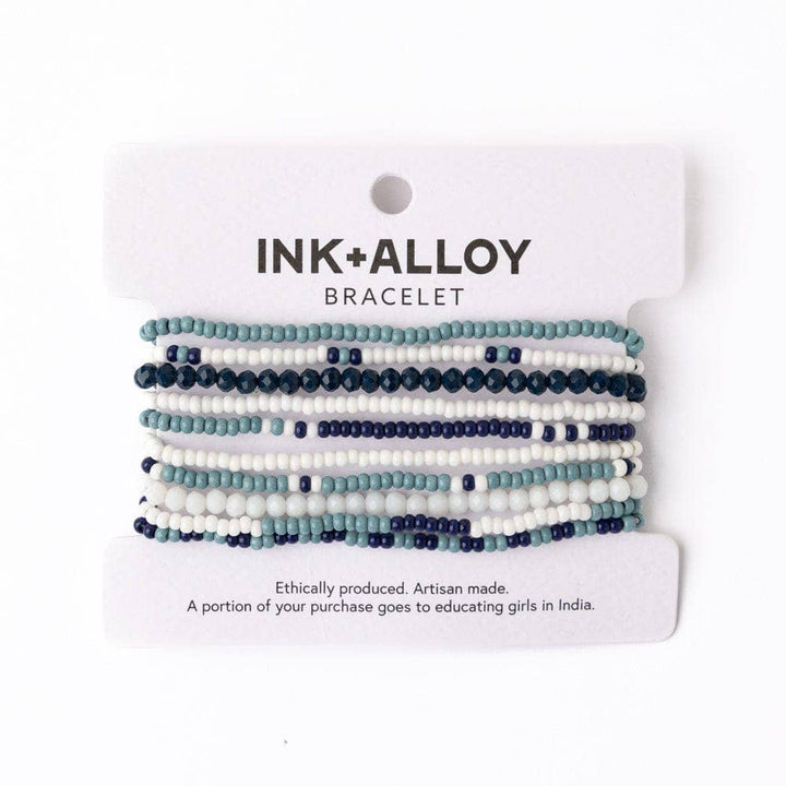 Game Day Color Block Beaded 10 Strand Stretch Bracelets Navy and Light Blue