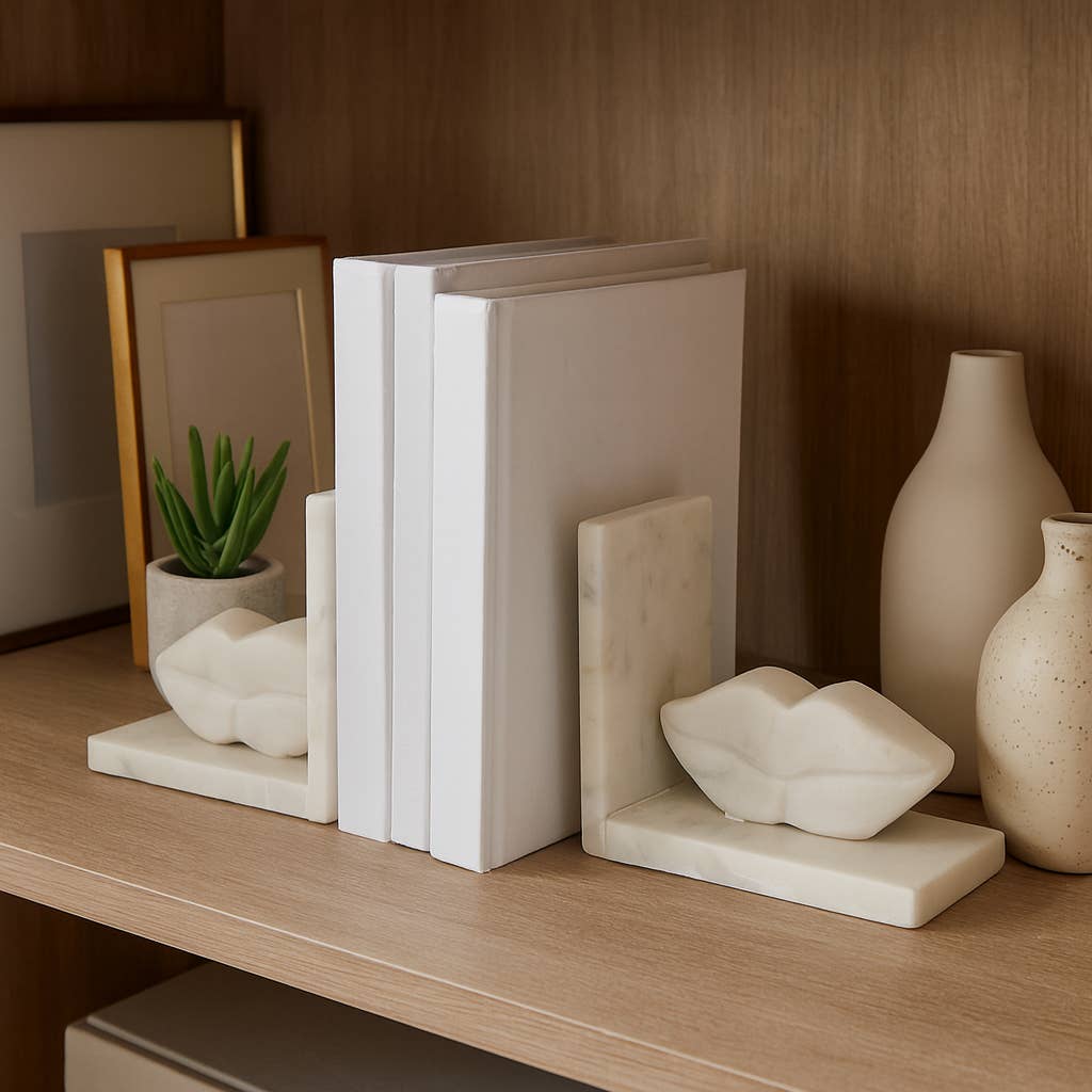 Bookends Set of 2 - White Marble Lips Design, 5 in.