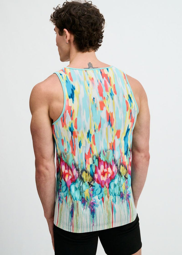 Teal/Multi Drips Printed Stretch Mesh Tank St-11150