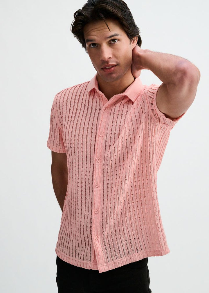 Pink Open Knit Short Sleeve Shirt W/Rib Collar St-24076