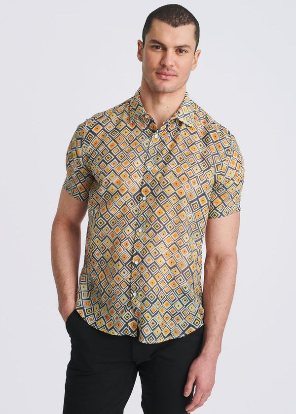 Lightweight Cotton/Silk Short Sleeve Shirt Gold/Navy Diamonds