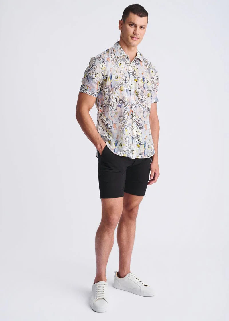 Orchid/Coral Floral Printed Lightweight Linen/Tencel Short Sleeve Shirt PM-45039
