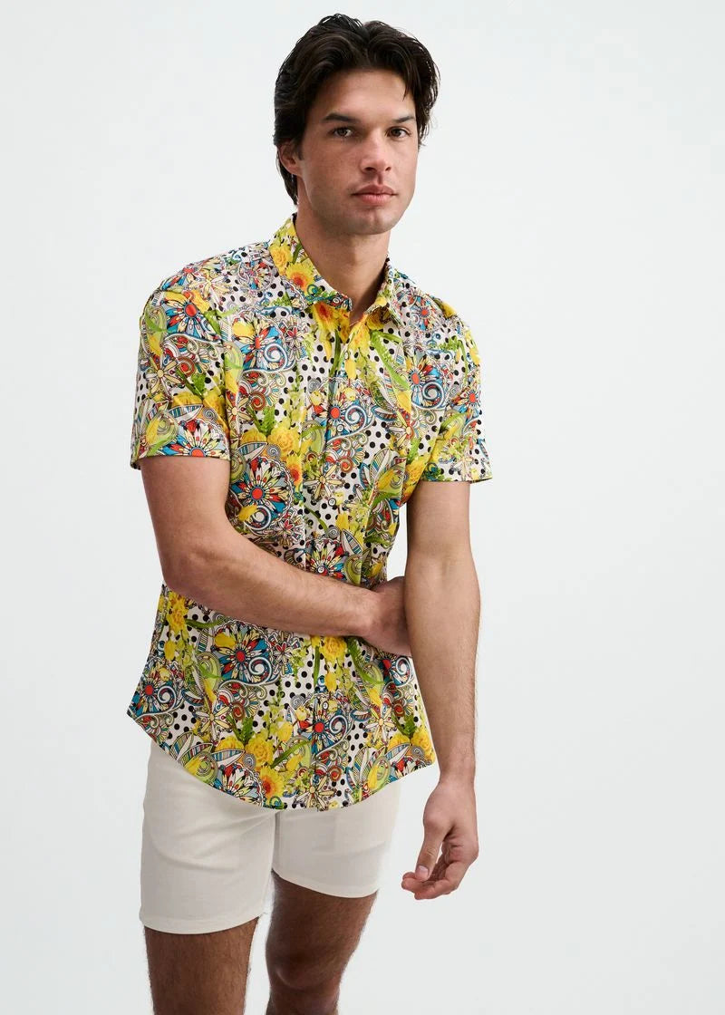 Yellow/Green Floral Dots Printed Jersey Short Sleeve Shirt