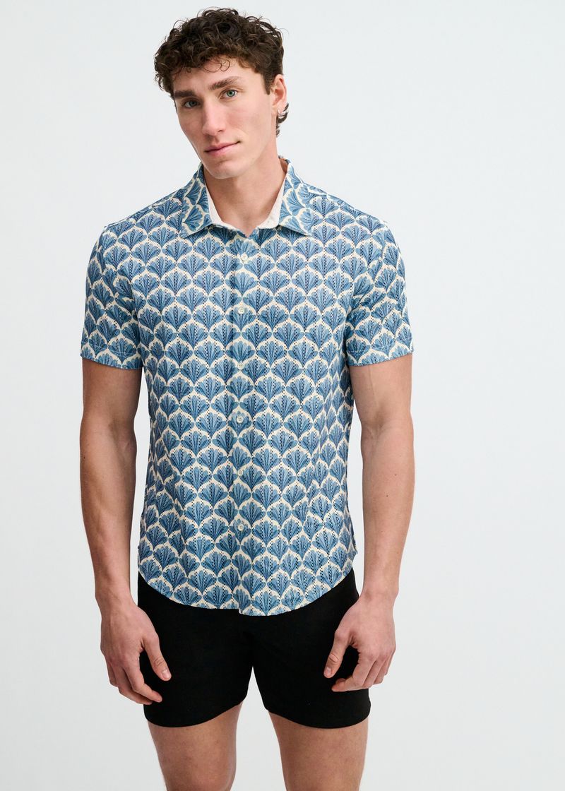 Slate/Blue Floral Printed Open Knit Stretch Short Sleeve Shirt St-48077