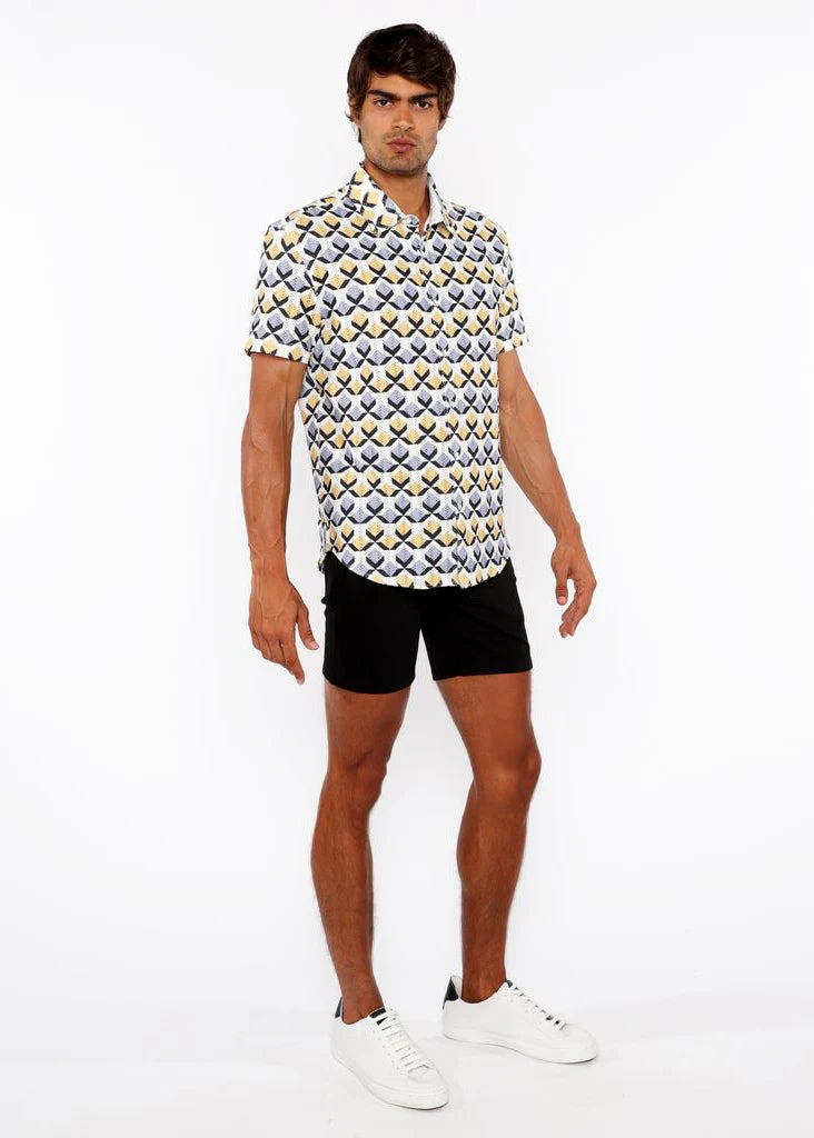 Gold/Silver Diamonds Printed Open Knit Stretch Short Sleeve Shirt St-48071