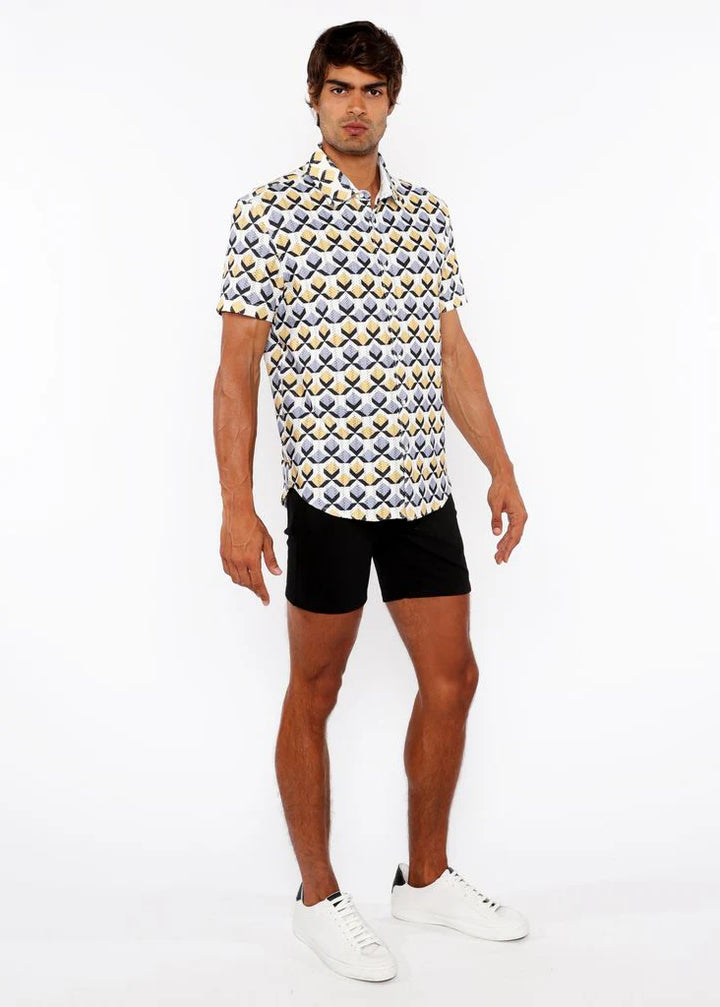Gold/Silver Diamonds Printed Open Knit Stretch Short Sleeve Shirt St-48071