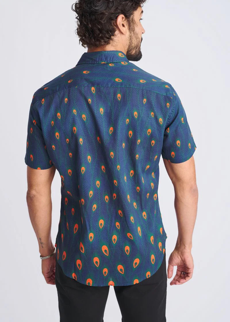 Navy/Peacock Feathers Printed Lightweight Cotton/Tencel Short Sleeve Shirt PM-47051