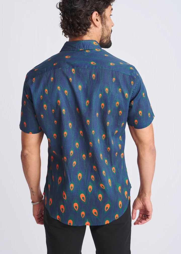 Navy/Peacock Feathers Printed Lightweight Cotton/Tencel Short Sleeve Shirt PM-47051