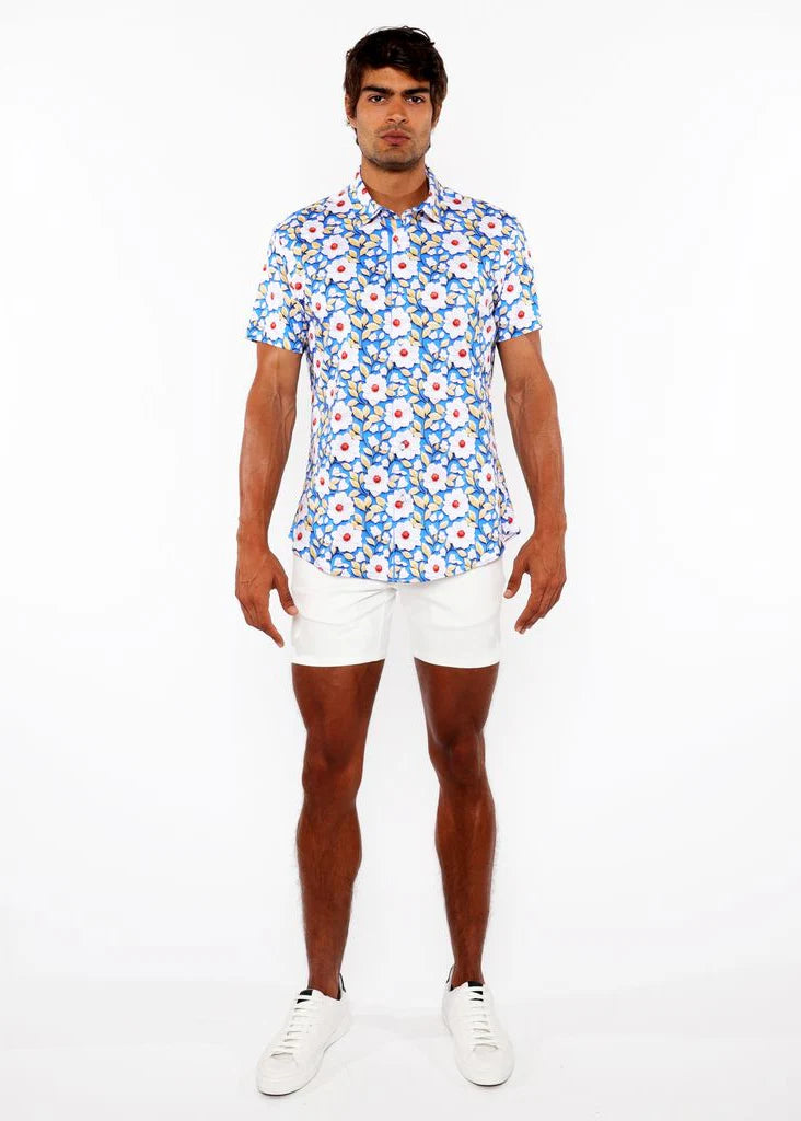 Cobalt/Gold Floral 3D Print Cotton Jersey Knit Short Sleeve Shirt W/Contrast Stripe Placket St-9326