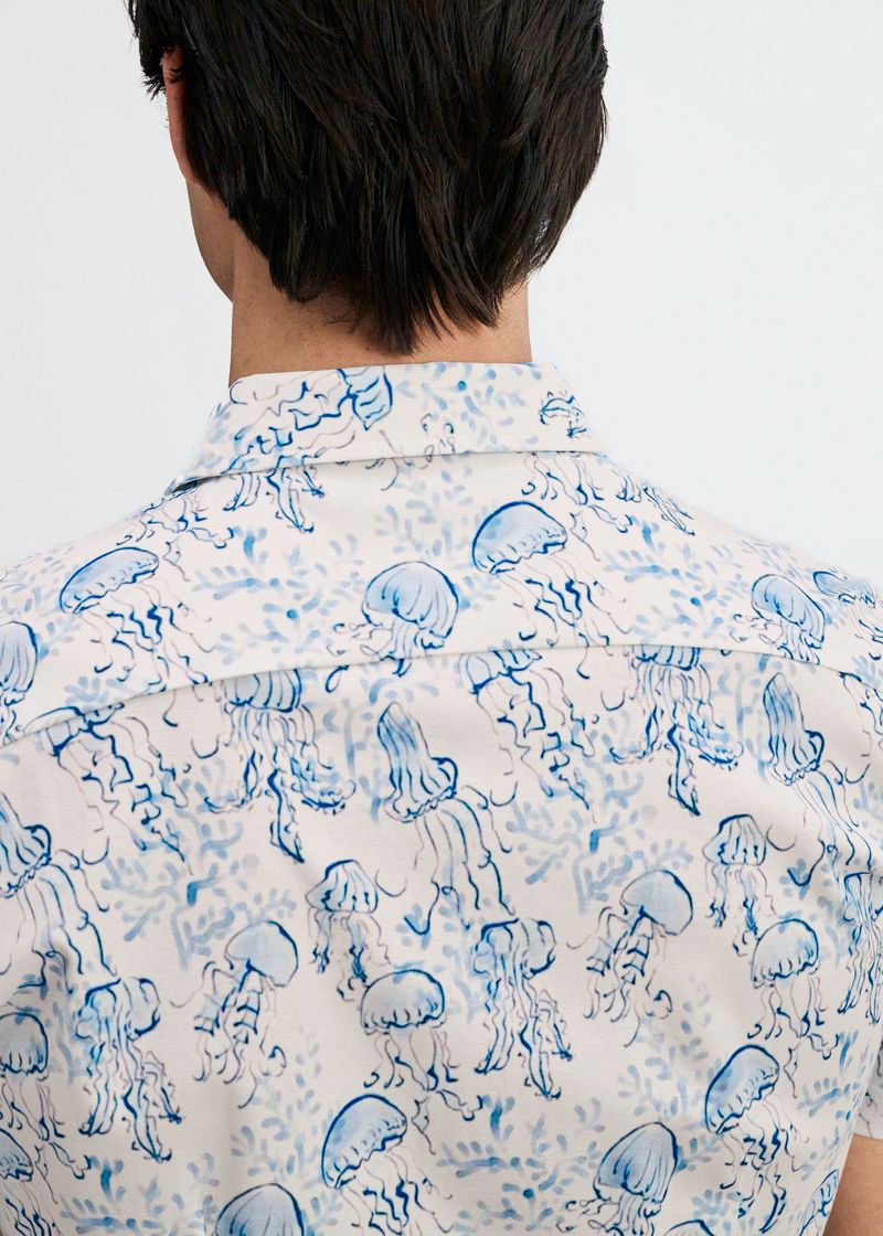 Ocean/Blue Jellyfish Printed Cotton Knit Jersey Short Sleeve Shirt W/Placket Detail St-9360