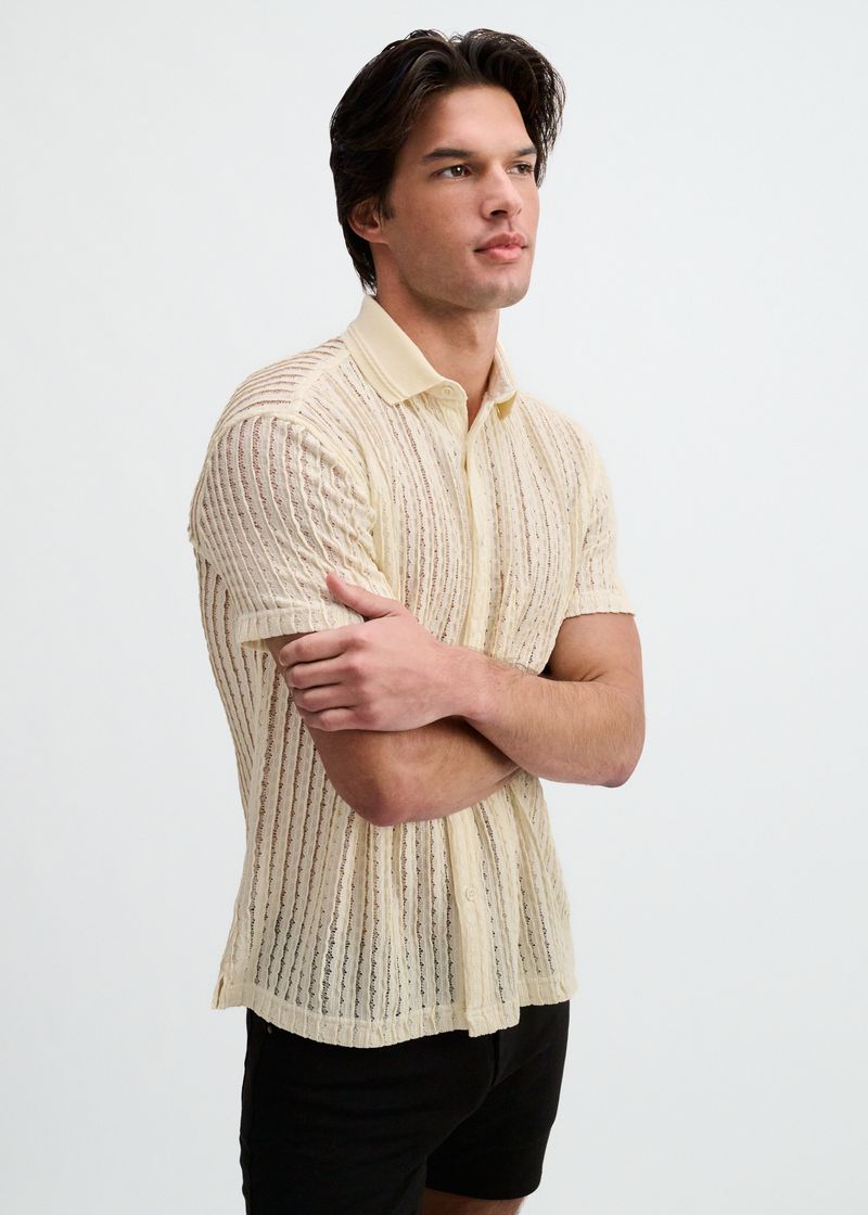 Off White Open Knit Short Sleeve Shirt W/Rib Collar St-24076