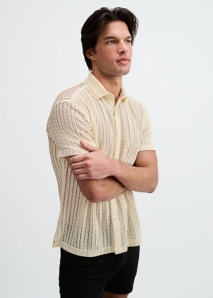 Off White Open Knit Short Sleeve Shirt W/Rib Collar St-24076