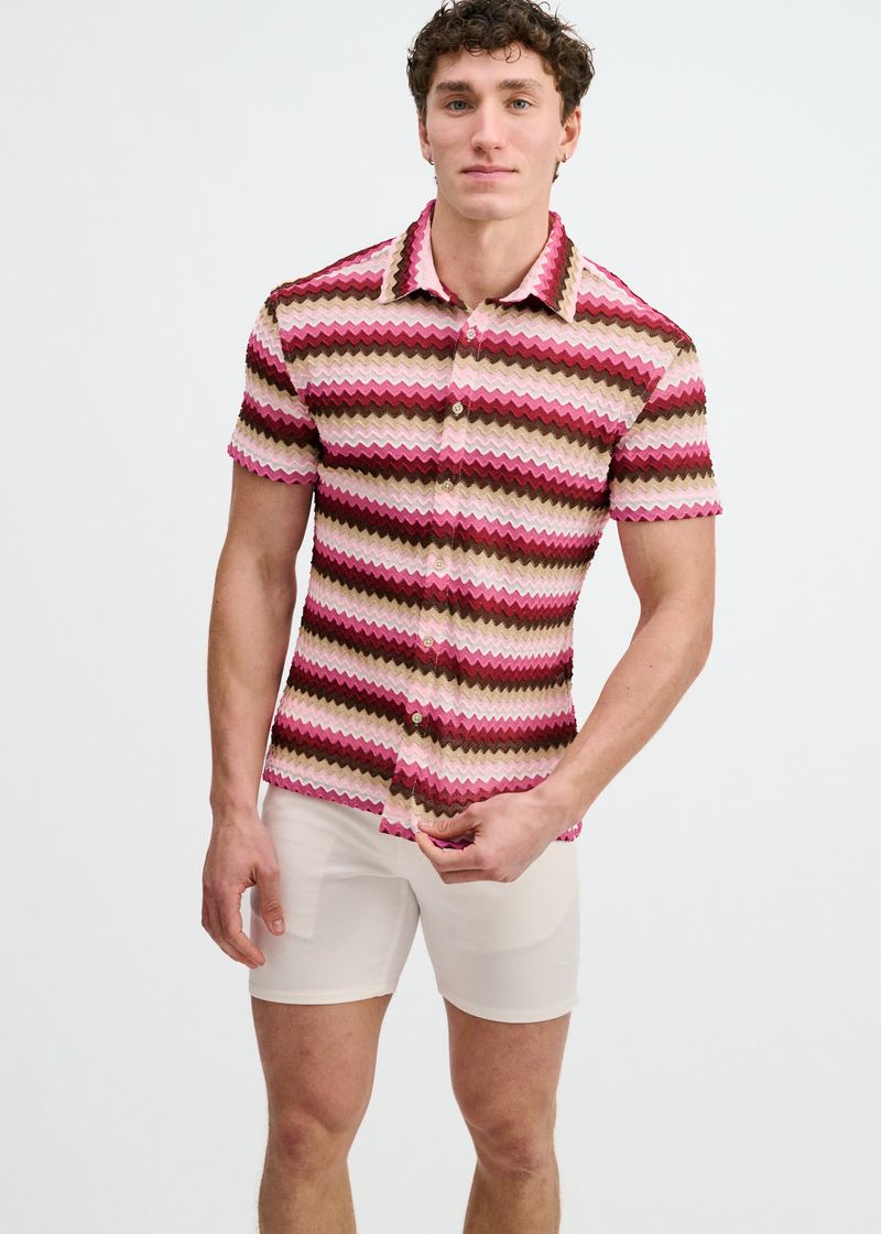 Carmine/Merlot Open Knit Stretch Chevron Short Sleeve Shirt St-24078