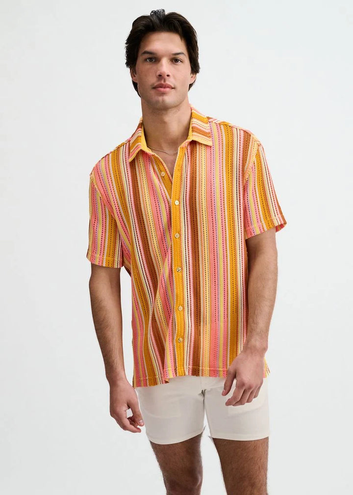 Vertical Stripe Open Knit Stretch Short Sleeve Shirt