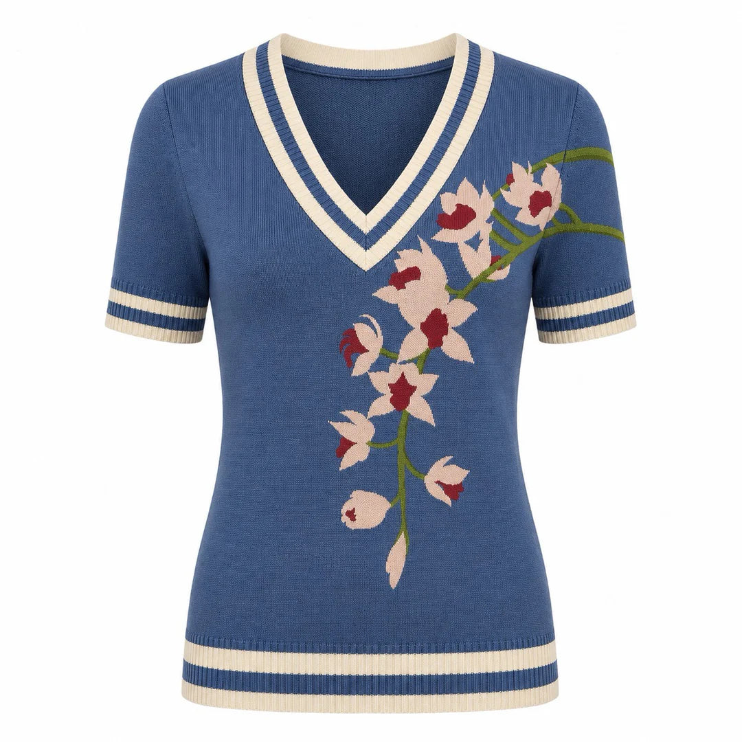 W Blue French Elegant Floral Jacquard Knit T-Shirt