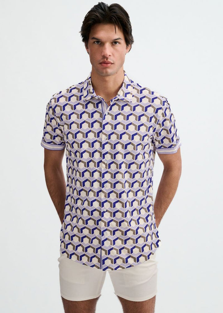 Blueberry/Thistle Hex Printed Performance Stretch Short Sleeve Shirt W/Placket Detail St-26029