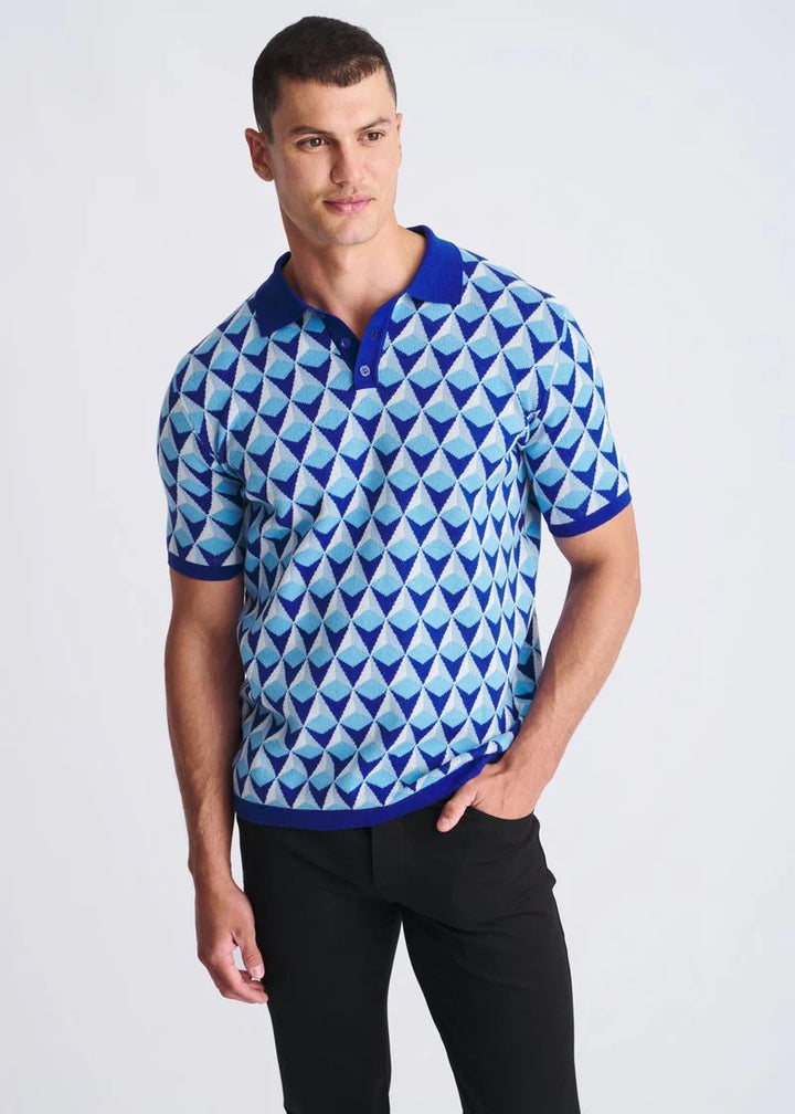 Blue/Cobalt Pyramids Jacquard Cotton 3-Button Knit Polo PM-16326