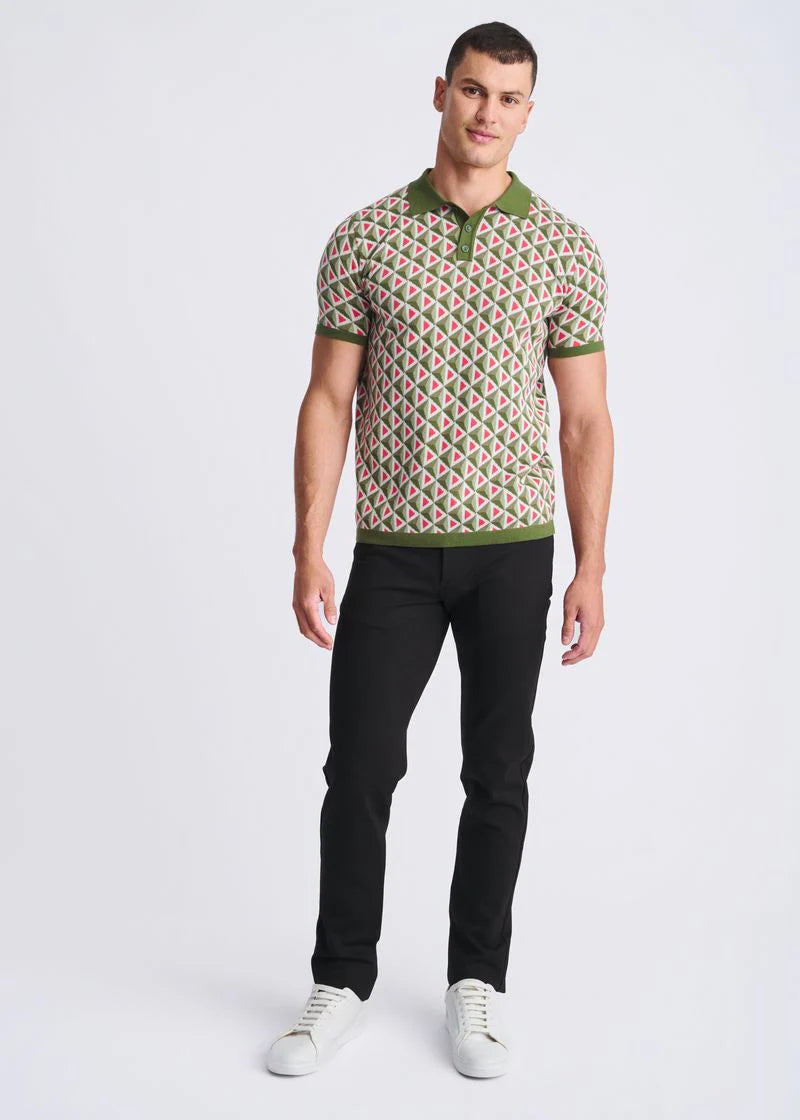 Olive/Weed Triangles Jacquard Cotton 3-Button Knit Polo PM-16327