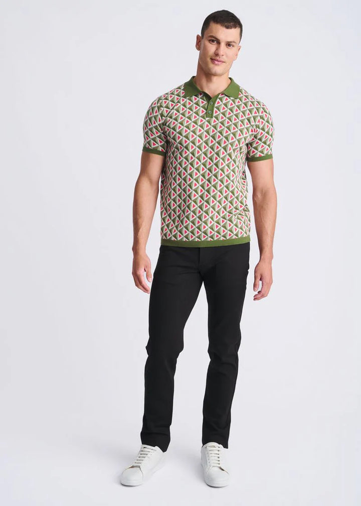 Olive/Weed Triangles Jacquard Cotton 3-Button Knit Polo PM-16327